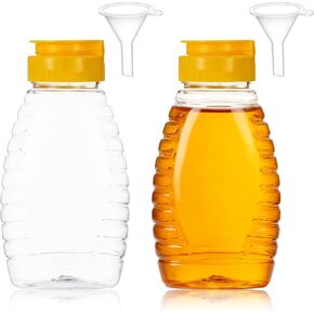 2 Pack Empty Plastic Honey Bottles with Funnel 180ml /6oz Bottles Plastic Honey Dispenser Refillable Leakproof Honeys Dispenser for Storing and Dispensing Mustard Dressing in Kuwait