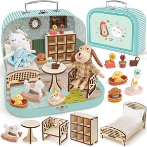 Suitcase Dollhouse Furniture Set for Kids, Mini Dollhouse Box with 2 Flexible Dolls and Bedroom&Bathroom Furnitures, Pretend Play Accessories Christmas Birthday Gift for Toddlers Ages 3+ in Saudi Arabia