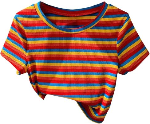 WDIRARA Women's Colorful Striped Short Sleeve Tee Shirt Y2k Crewneck Ribbed Knit Crop Tops in Saudi Arabia