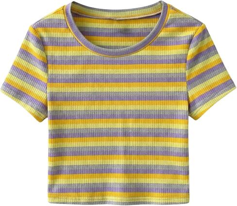 WDIRARA Women's Colorful Striped Short Sleeve Tee Shirt Y2k Crewneck Ribbed Knit Crop Tops in Saudi Arabia