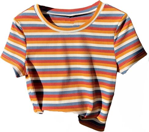 WDIRARA Women's Colorful Striped Short Sleeve Tee Shirt Y2k Crewneck Ribbed Knit Crop Tops in Saudi Arabia