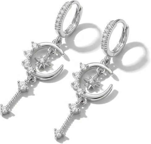 Moon Earrings, Celestial Star and Crescent Dangle Earrings, Elegant Silver Jewelry for Daily Wear and Special Occasions, Pierced Earring Set with Secure Clasp in Saudi Arabia