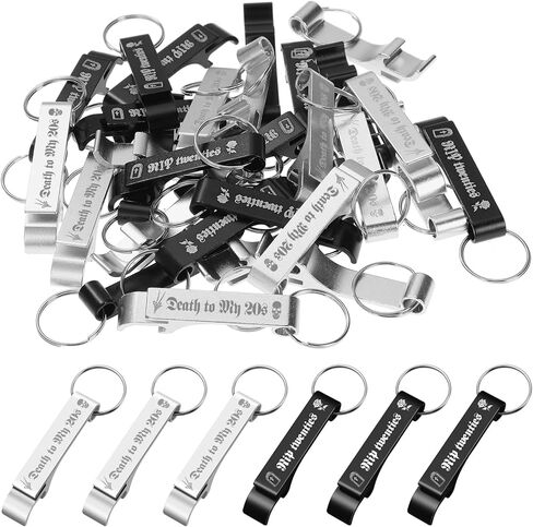 Domensi 30 Pcs Death to My 20s Decorations 30th Birthday Party Supplies Gothic Black Silver Metal Bottle Opener Keychain Bulk Rip to My 20s Birthday Favors Gift Souvenirs for Funeral My Youth Party in Saudi Arabia