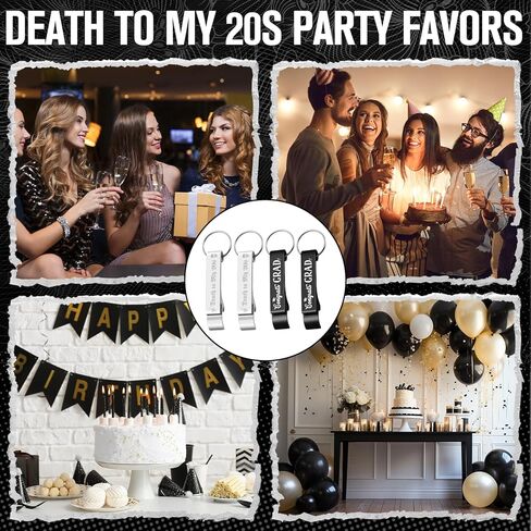 Domensi 30 Pcs Death to My 20s Decorations 30th Birthday Party Supplies Gothic Black Silver Metal Bottle Opener Keychain Bulk Rip to My 20s Birthday Favors Gift Souvenirs for Funeral My Youth Party in Saudi Arabia