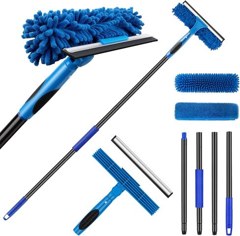 JTIEO 69'' Squeegee for Window Cleaning, 2-in-1 Window Squeegee Cleaner Tool with Extension Pole & Rotating Head, Blue Window Cleaning Kit for Shower Cleaner, Indoor & Outdoor Glass, High Window, Car in Saudi Arabia