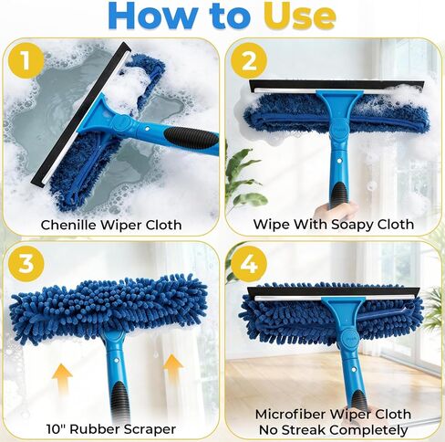 JTIEO 69'' Squeegee for Window Cleaning, 2-in-1 Window Squeegee Cleaner Tool with Extension Pole & Rotating Head, Blue Window Cleaning Kit for Shower Cleaner, Indoor & Outdoor Glass, High Window, Car in Saudi Arabia