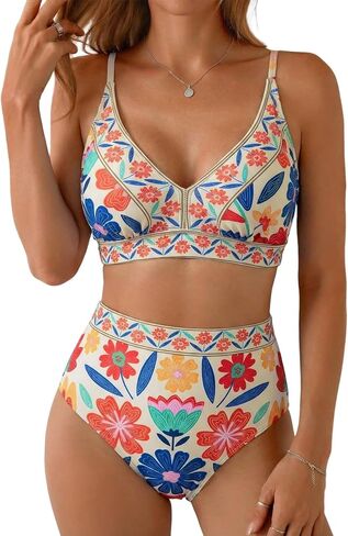 Herseas Women's Floral Print High Waisted Bikini Sets V Neck Swimsuits Bathing Suits 2026 Beach Swimwear in Saudi Arabia