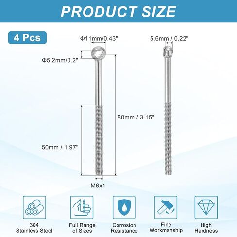 Patikil 4 قطع M6x80mm الكتف سوينغ رفع العين الترباس، 304 الفولاذ المقاوم للصدأ متري نصف الأسنان الموضوع عين السمكة عين زلة ثقب المسمار تزوير مسامير السحابات المعدنية، لهجة فضية in Kuwait