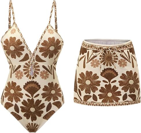 SHENHE Women's Boho One Piece Swimsuit with Cover Up Skirt Tummy Control Floral Beach Bathing Suit in Saudi Arabia