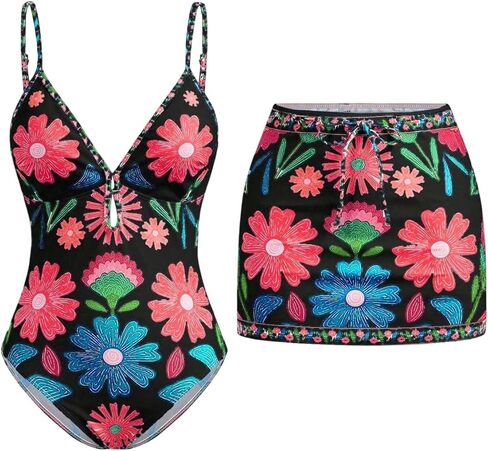 SHENHE Women's Boho One Piece Swimsuit with Cover Up Skirt Tummy Control Floral Beach Bathing Suit in Saudi Arabia