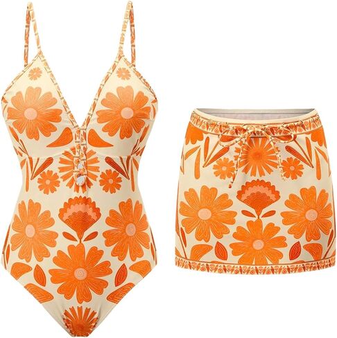 SHENHE Women's Boho One Piece Swimsuit with Cover Up Skirt Tummy Control Floral Beach Bathing Suit in Saudi Arabia