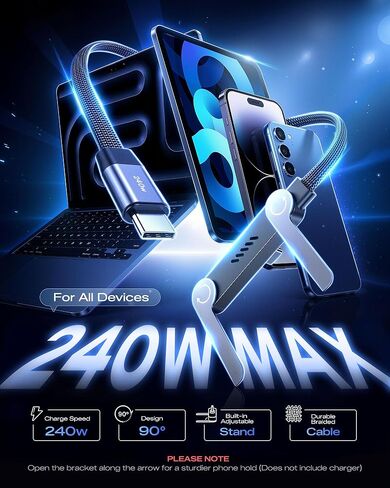 كابل LOOHOI USB C إلى USB C، كابل شحن USB-C بقدرة 240 وات مع حامل هاتف مدمج (5أقدام، أسود)، كابل متين من النوع C مع حامل على شكل حرف T بزاوية 90 درجة in Saudi Arabia