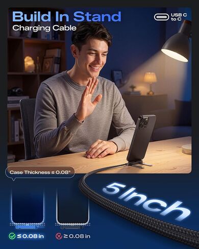 كابل LOOHOI USB C إلى USB C، كابل شحن USB-C بقدرة 240 وات مع حامل هاتف مدمج (5أقدام، أسود)، كابل متين من النوع C مع حامل على شكل حرف T بزاوية 90 درجة in Saudi Arabia