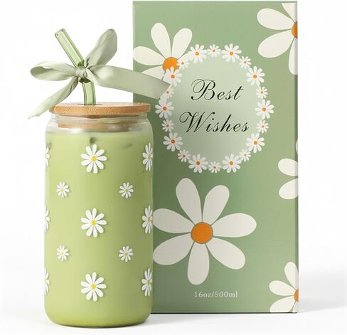 Cute Glass Matcha Cup with Lids and Straws, Teen Girl Birthday Gifts Daisy Iced Coffee Cups, Sage Green Aesthetic Mug Tumbler for Mothers Day Christmas Valentines Coffee Lover 16oz in Saudi Arabia