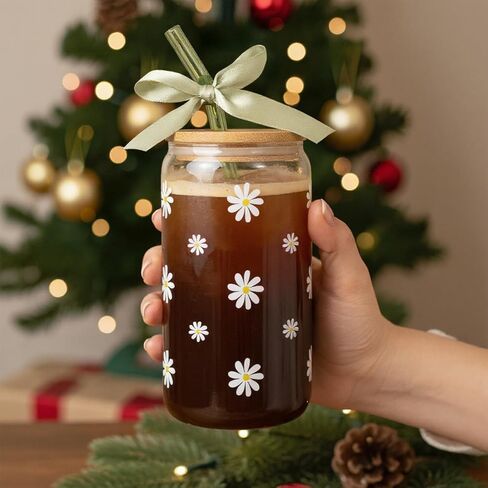 Cute Glass Matcha Cup with Lids and Straws, Teen Girl Birthday Gifts Daisy Iced Coffee Cups, Sage Green Aesthetic Mug Tumbler for Mothers Day Christmas Valentines Coffee Lover 16oz in Saudi Arabia