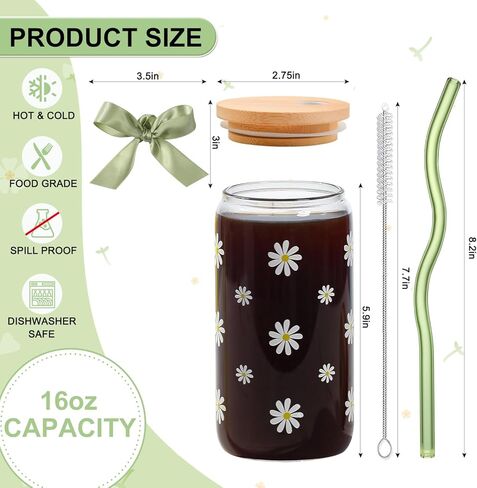 Cute Glass Matcha Cup with Lids and Straws, Teen Girl Birthday Gifts Daisy Iced Coffee Cups, Sage Green Aesthetic Mug Tumbler for Mothers Day Christmas Valentines Coffee Lover 16oz in Saudi Arabia