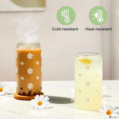 Cute Glass Matcha Cup with Lids and Straws, Teen Girl Birthday Gifts Daisy Iced Coffee Cups, Sage Green Aesthetic Mug Tumbler for Mothers Day Christmas Valentines Coffee Lover 16oz in Saudi Arabia