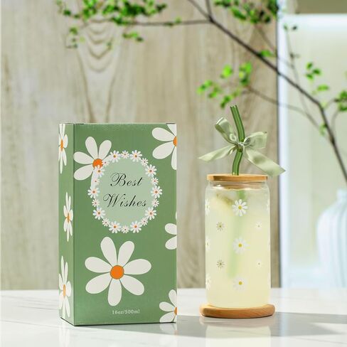 Cute Glass Matcha Cup with Lids and Straws, Teen Girl Birthday Gifts Daisy Iced Coffee Cups, Sage Green Aesthetic Mug Tumbler for Mothers Day Christmas Valentines Coffee Lover 16oz in Saudi Arabia