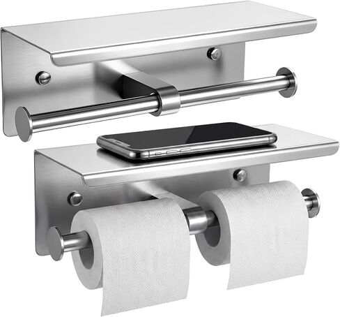 2 Pcs Double Toilet Paper Holder with Shelf, Wall Mount Tissue Roll Holder for Bathroom, 304 Stainless Steel Commercial Toilet Tissue Dispensers with Phone Shelf (Natural) in Kuwait