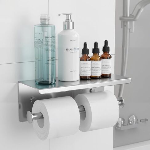2 Pcs Double Toilet Paper Holder with Shelf, Wall Mount Tissue Roll Holder for Bathroom, 304 Stainless Steel Commercial Toilet Tissue Dispensers with Phone Shelf (Natural) in Kuwait