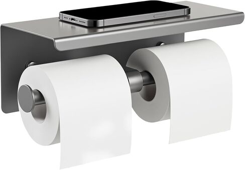 2 Pcs Double Toilet Paper Holder with Shelf, Wall Mount Tissue Roll Holder for Bathroom, 304 Stainless Steel Commercial Toilet Tissue Dispensers with Phone Shelf (Natural) in Kuwait