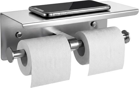 2 Pcs Double Toilet Paper Holder with Shelf, Wall Mount Tissue Roll Holder for Bathroom, 304 Stainless Steel Commercial Toilet Tissue Dispensers with Phone Shelf (Natural) in Kuwait