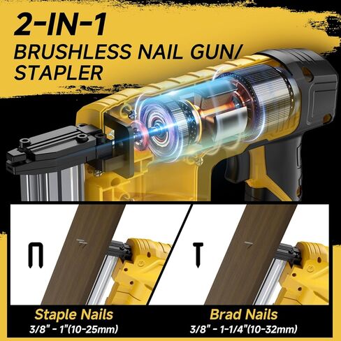 2-in-1 Cordless 18GA Nail Gun & Staple Gun Compatible with Dewalt 20V Max Battery (No Battery), Brad Nailer & Stapler Battery Powered with 1000 Nails/Staples for DIY, Woodworking (Yellow) in Saudi Arabia