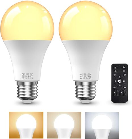 E26 LED Light Bulbs with Remote Control, 9W LED Bulbs 60W Equivalent, 3000K-6000K Stepless Dimmable, E26 Base, Remote Control Light Bulbs with Timing, Memory Function, for Home Decor, 2Bulb & 1Remote in Saudi Arabia