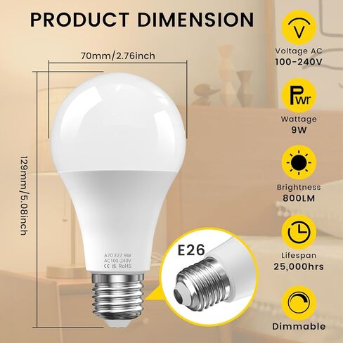 E26 LED Light Bulbs with Remote Control, 9W LED Bulbs 60W Equivalent, 3000K-6000K Stepless Dimmable, E26 Base, Remote Control Light Bulbs with Timing, Memory Function, for Home Decor, 2Bulb & 1Remote in Saudi Arabia