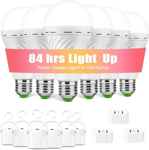 6 Pack Rechargeable Emergency Light Bulbs, Battery Powered LED Light Bulb 6000K Daylight E26 12W 60W Equivalent with 1500mAh for Home Power Outage Camping Hiking(6 Bulbs, 6 Hooks,3 Plug Caps) in Saudi Arabia