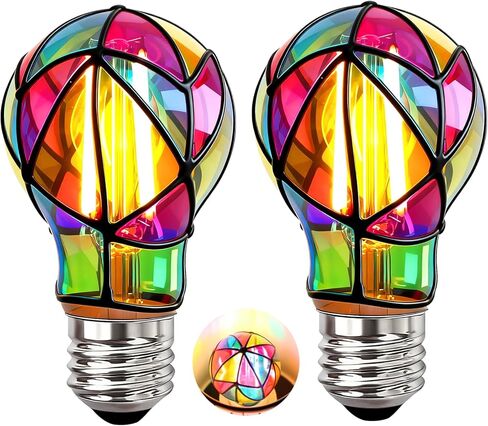 KINDEEP Stained Glass Light Bulb: Colorful Mosaic Light Bulbs, A19 Rainbow Painted E26 Edison Bulbs 40 Watt, Decorative Colored Light Bulbs for Christmas, Bedroom, Front Porch, 2 Pack in Kuwait