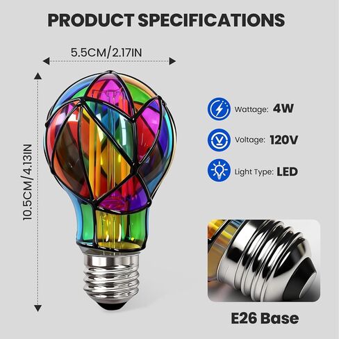 KINDEEP Stained Glass Light Bulb: Colorful Mosaic Light Bulbs, A19 Rainbow Painted E26 Edison Bulbs 40 Watt, Decorative Colored Light Bulbs for Christmas, Bedroom, Front Porch, 2 Pack in Kuwait