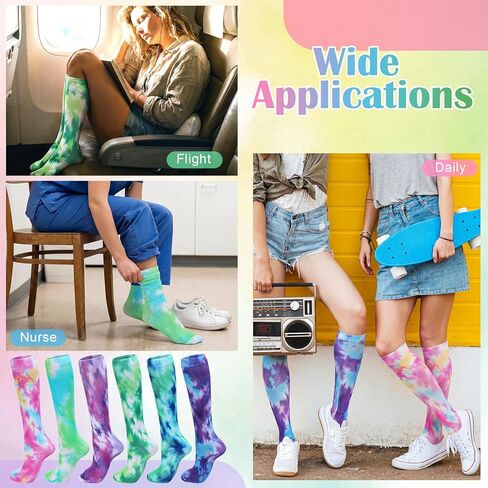 Skicuff 6 Pairs Compression Socks for Women Men Tie Dye Tie Compression Knee High Socks 20-30mmhg for Nurse Outdoor Sports in Saudi Arabia