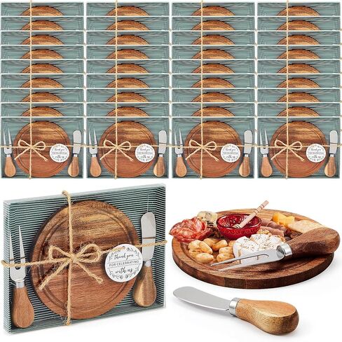 Maxcheck 1 Set Baby Shower Bridal Game Prizes for Winners Round Cheese Board Set Wood Mini Charcuterie Board with Knives and Forks Thank You Card with Gift Box for Guests Wedding (Acacia) in Saudi Arabia