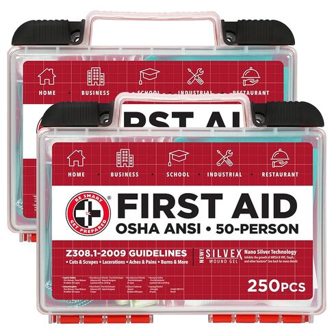 مجموعة الإسعافات الأولية Be Smart Get Prepared OSHA/ANSI - 50 شخصًا، 250 قطعة - عبوة من قطعتين - مصممة للمنزل والأعمال والمدرسة والصناعية والمطاعم - مدمجة ومحمولة - 100 شخص، إجمالي 500 قطعة in Kuwait