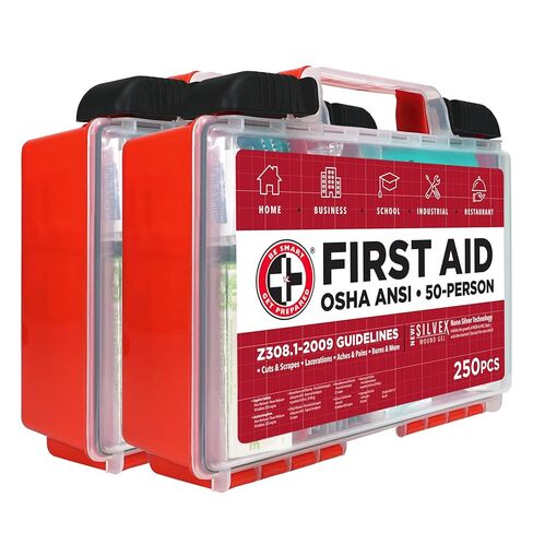 مجموعة الإسعافات الأولية Be Smart Get Prepared OSHA/ANSI - 50 شخصًا، 250 قطعة - عبوة من قطعتين - مصممة للمنزل والأعمال والمدرسة والصناعية والمطاعم - مدمجة ومحمولة - 100 شخص، إجمالي 500 قطعة in Kuwait
