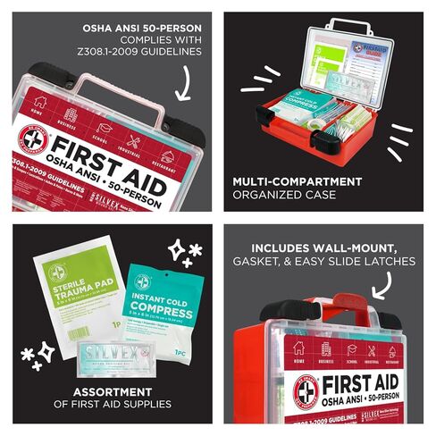 مجموعة الإسعافات الأولية Be Smart Get Prepared OSHA/ANSI - 50 شخصًا، 250 قطعة - عبوة من قطعتين - مصممة للمنزل والأعمال والمدرسة والصناعية والمطاعم - مدمجة ومحمولة - 100 شخص، إجمالي 500 قطعة in Kuwait
