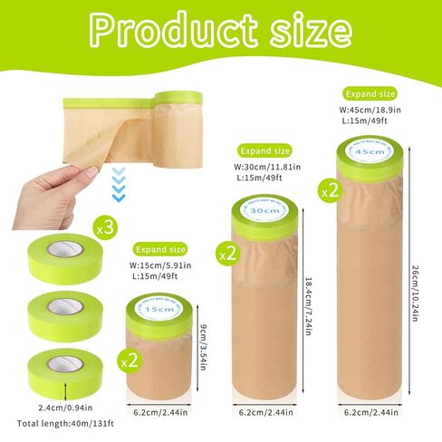 Pre Taped Masking Paper, 6 Rolls Paint Masking Paper with Masking-Tape for Painting Cars, Automotive Paint, Floor Protection, Wall Covering, Floor Protection, 50 Feet/Roll in Saudi Arabia