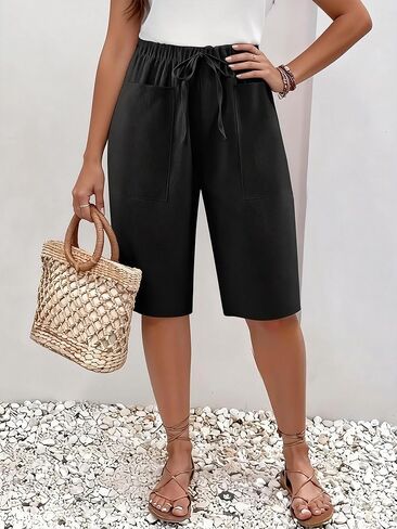 Women's Wide Leg Shorts Elastic Waistband Design, Side Pockets, Casual Summer Beach Wear Cargo Pockets Beach Pants in Saudi Arabia