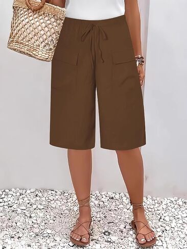 Womens Summer Bermuda Shorts Casual Elastic Waist Wide Leg Cargo Shorts Loose Fit Knee Length Beach Pants with Pockets in Saudi Arabia