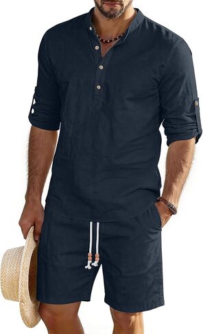 JEMLDL Men's 2 Piece Linen Cotton Set Casual Long Sleeve Cuban Henley Shirt & Shorts Summer Beach Vacation Outfits in Saudi Arabia