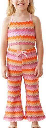 Toddler Girls 3 Pieces Bikini Swimsuit Set Color Block Stripe Bathing Suit Swimwear with Cover-Up Pant in Saudi Arabia
