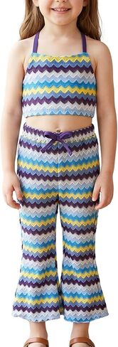 Toddler Girls 3 Pieces Bikini Swimsuit Set Color Block Stripe Bathing Suit Swimwear with Cover-Up Pant in Saudi Arabia