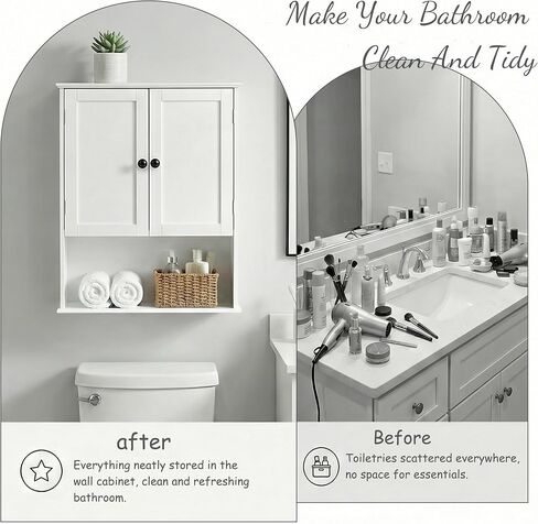 Bathroom Wall Cabinet, White 30" x 24" Wall Mounted Medicine Cabinet, Over Toilet Storage Hanging Cabinet Adjustable Shelves Cupboard with Large Space for Laundry Room, Bedroom, Kitchen, Entryway in Saudi Arabia
