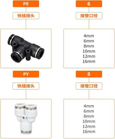 Pneumatic Air Pipe Quick Plugs Joint PE-8T Type Tee PY-6 Black And White Plastic Reducer Adapter 4/10/12 2Pcs(BlackPW8-6) in Saudi Arabia