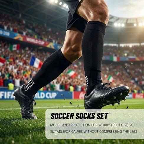 World Cup Themed Anti-Slip Football Socks & Knee Guards Set, 2 Pairs Unisex Sports Protective Socks Kit in Saudi Arabia
