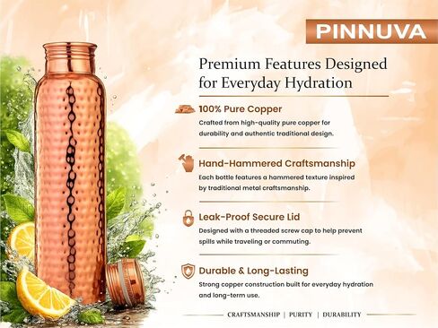 Copper Water Bottle 32oz - Extra Large 100% Pure Ayurvedic Copper Water Bottle for Drinking, Wide Mouth, Leak-Proof Lid BPA Free Non-Insulated & Eco Friendly with Premium Quality in Saudi Arabia