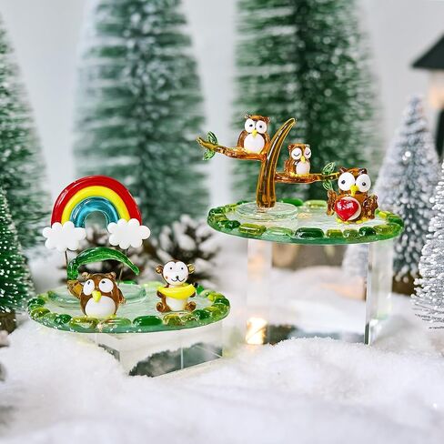 H&D HYALINE & DORA Owl Blown Glass Figurine Miniature Bird Figurine with Round Base Handmade Glass Animal Figure Collectible for Christams Home Decor in Saudi Arabia