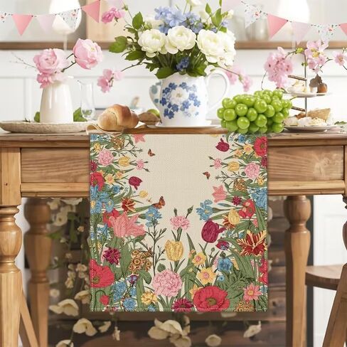 Tulip Red Floral Spring Table Runner 13x72 Inch , Seasonal Summer Butterfly Table Decoration for Kitchen Dinning Party Home Decor in Saudi Arabia