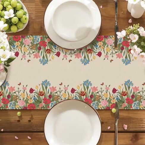 Tulip Red Floral Spring Table Runner 13x72 Inch , Seasonal Summer Butterfly Table Decoration for Kitchen Dinning Party Home Decor in Saudi Arabia